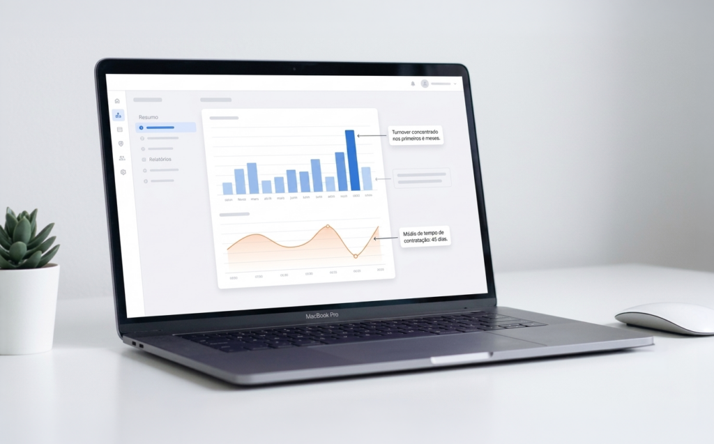 Notebook exibindo gráficos de People Analytics com exemplos de indicadores de RH sobre turnover e tempo de contratação.