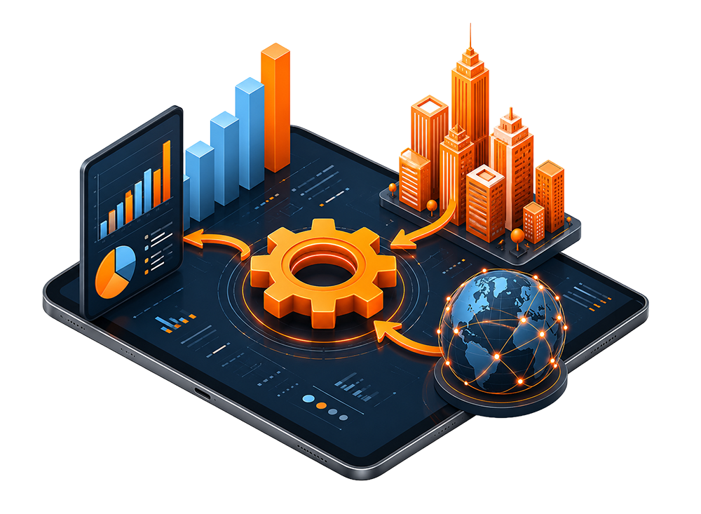 Ilustração isométrica em tablet mostrando o cruzamento de People Analytics com dados públicos e indicadores de mercado de trabalho.