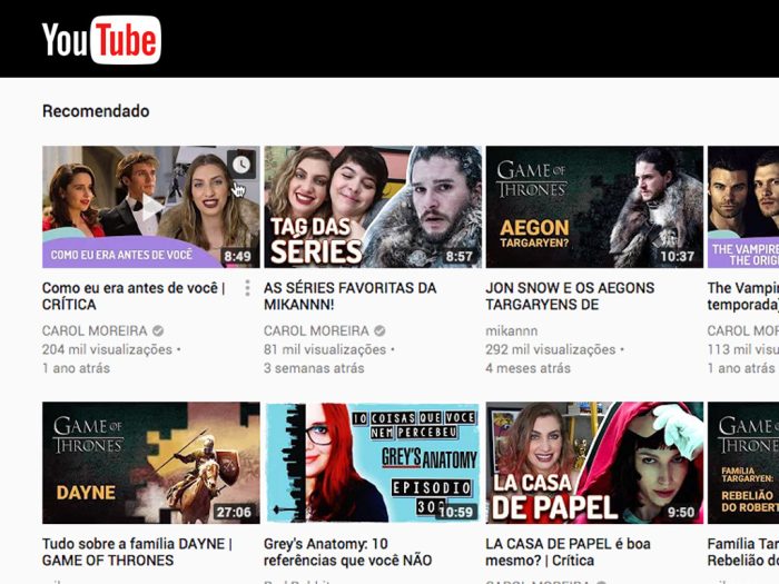 Sugestão de vídeos pelo Youtube